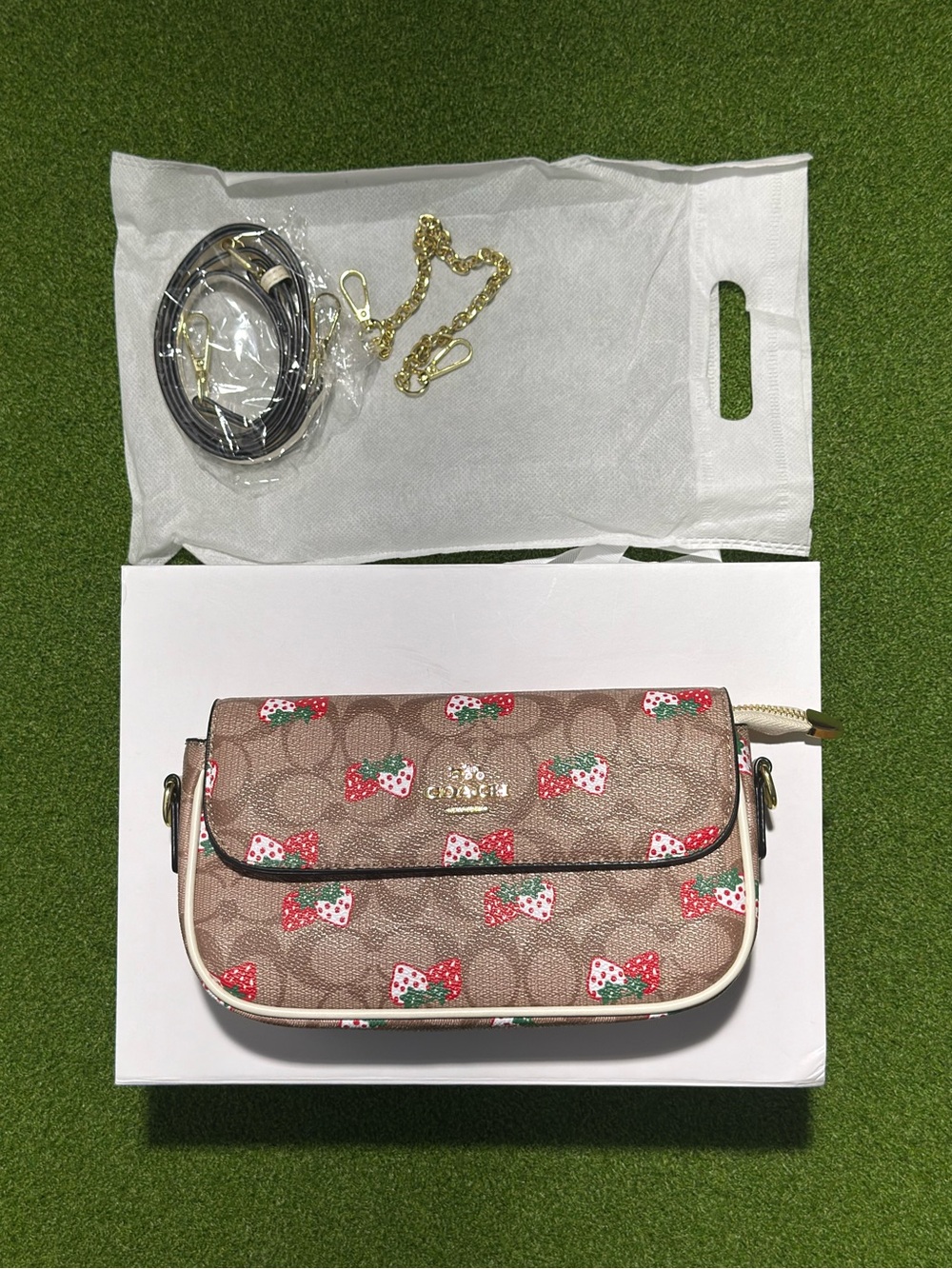 Coach Tan Signature Strawberry Print Crossbody with Cream Trim